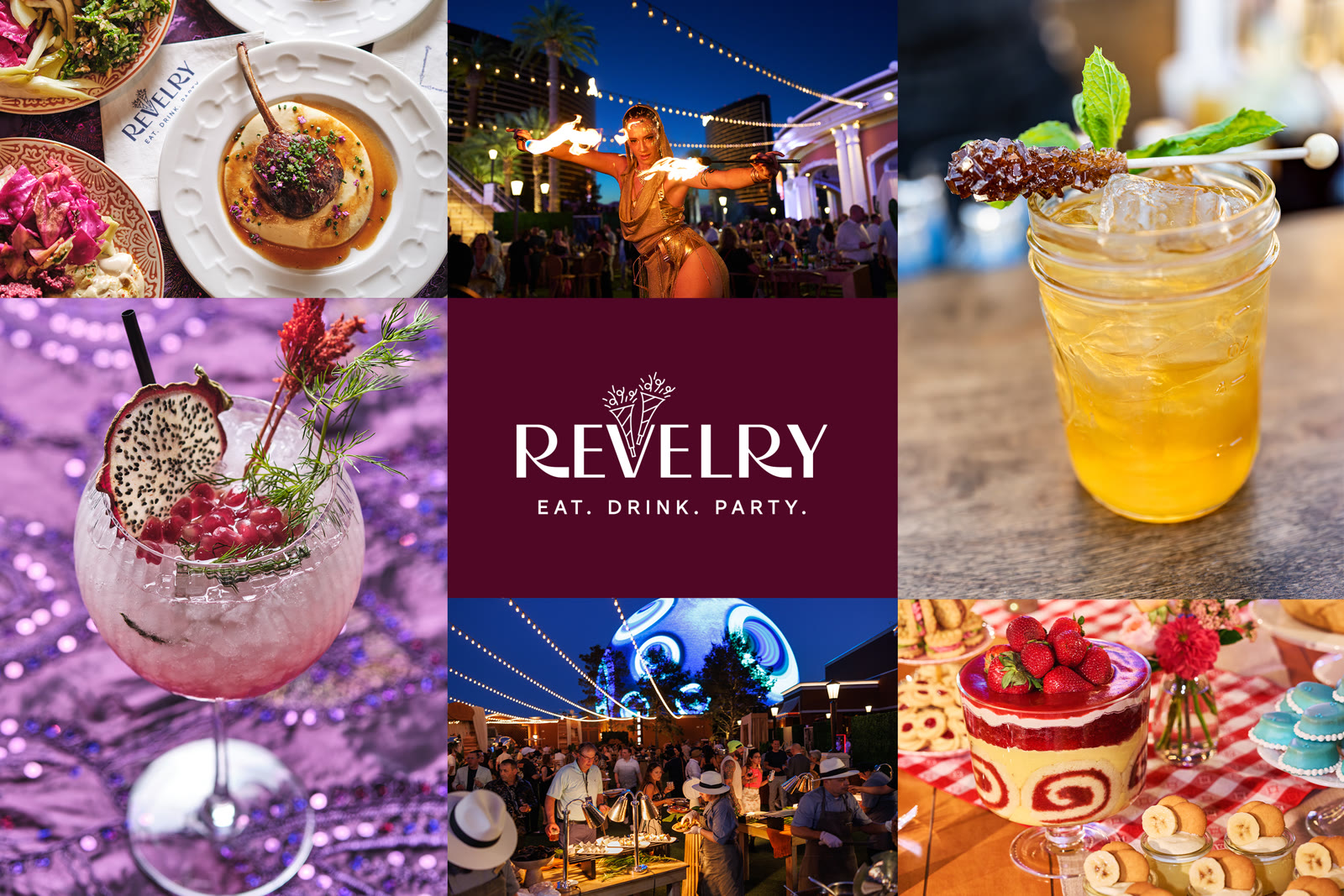 Wynn Revelry promotional collage with plated food, cocktails, and dessert at Wynn Las Vegas
