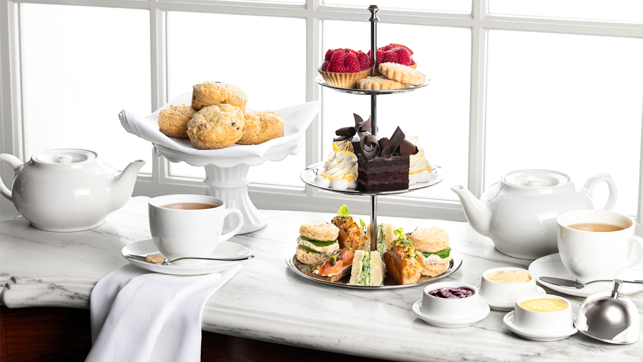 Afternoon tea tier with scones and teapots at The Bedford by Martha Stewart (Caesars Entertainment courtesy)