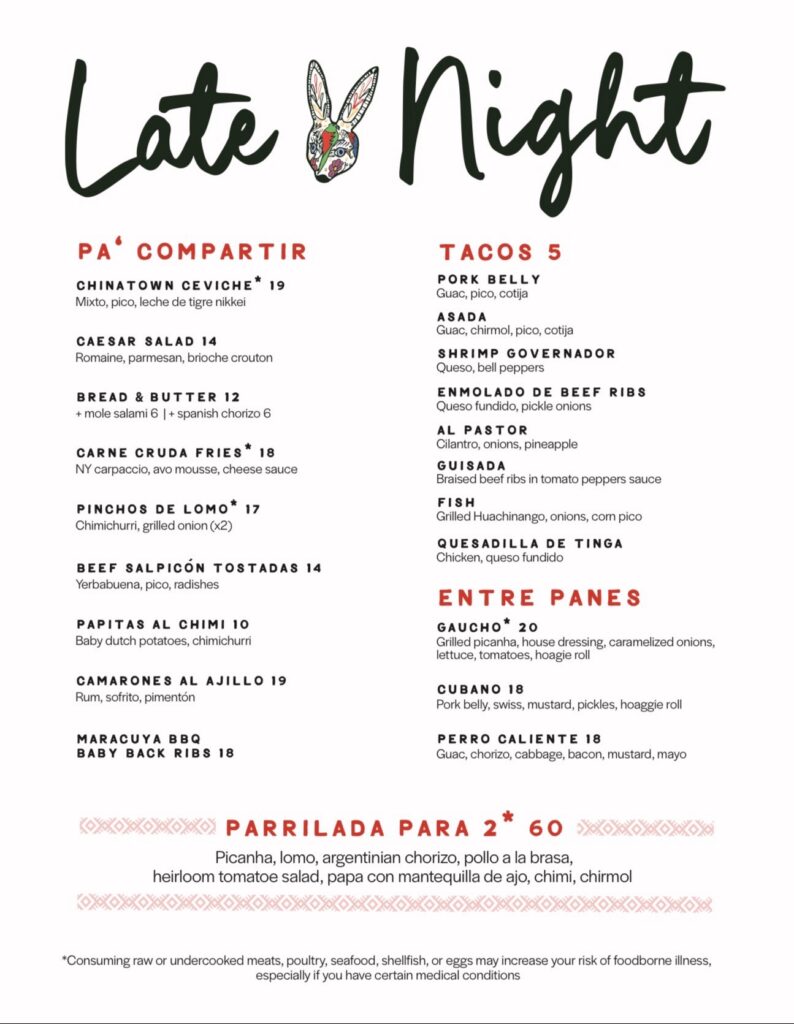 Late-night menu at Aroma Latin American Cocina (via Food & Loathing)