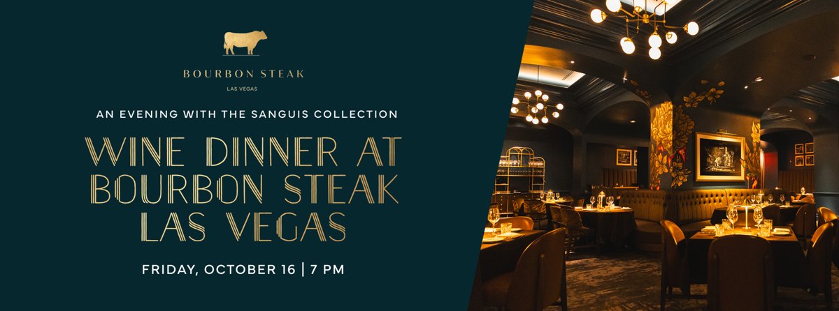Bourbon Steak Las Vegas wine dinner banner for Friday, October 16 next to the dimly lit dining room (official image)