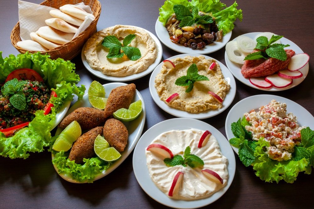 A spread of Lebanese mezze with hummus, falafel, salads and pita (festival website image)