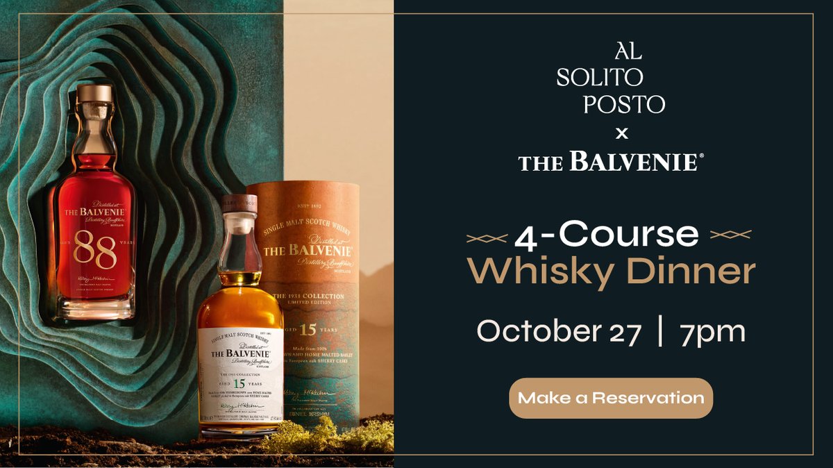 Al Solito Posto and The Balvenie event graphic with two whisky bottles and the words 4-Course Whisky Dinner, October 27, 7pm (official graphic)