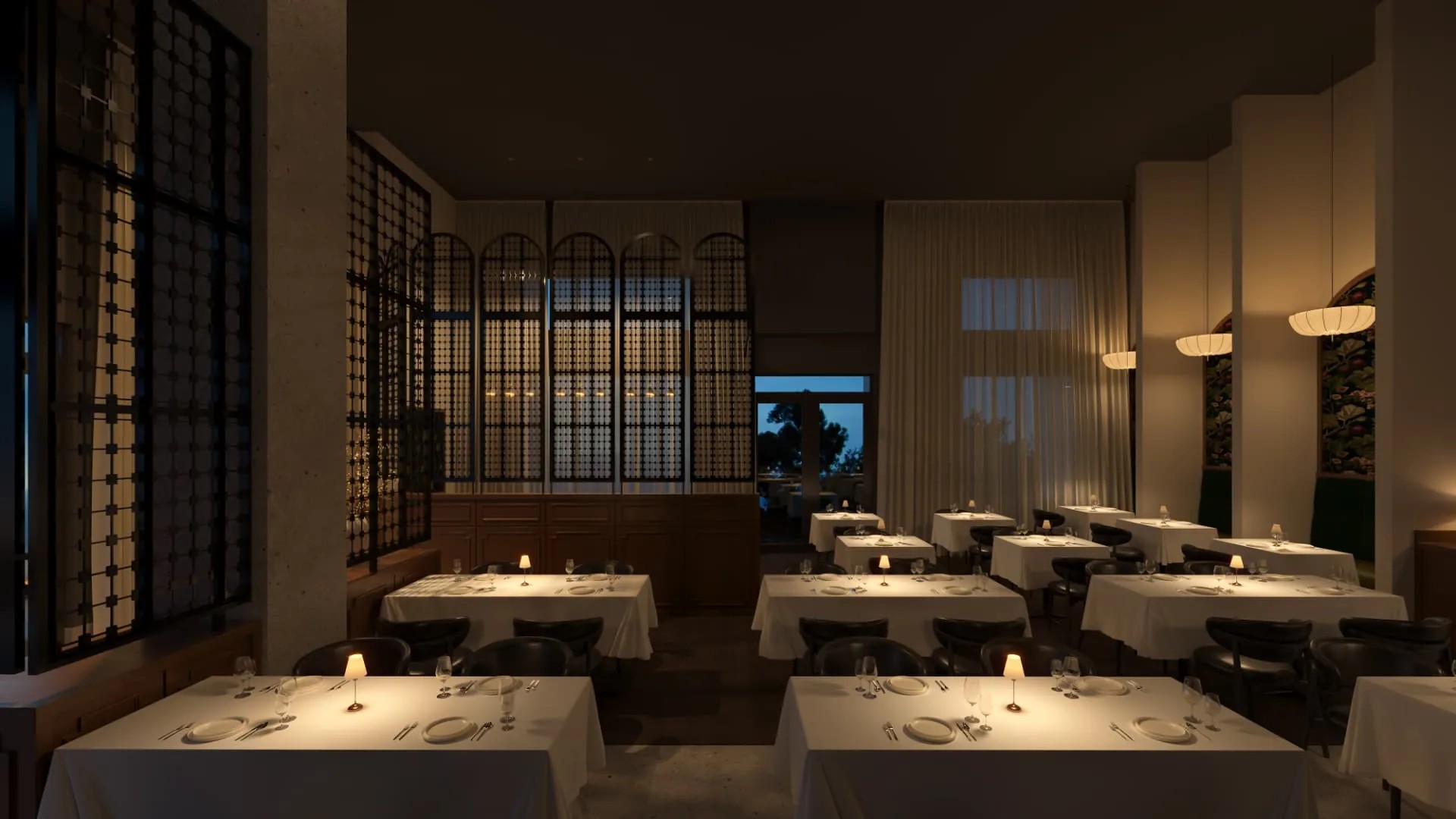 Dimly lit Lilli dining room with white-clothed tables, glowing table lamps, curved dark chairs, and large saucer pendant lights (venue photo)