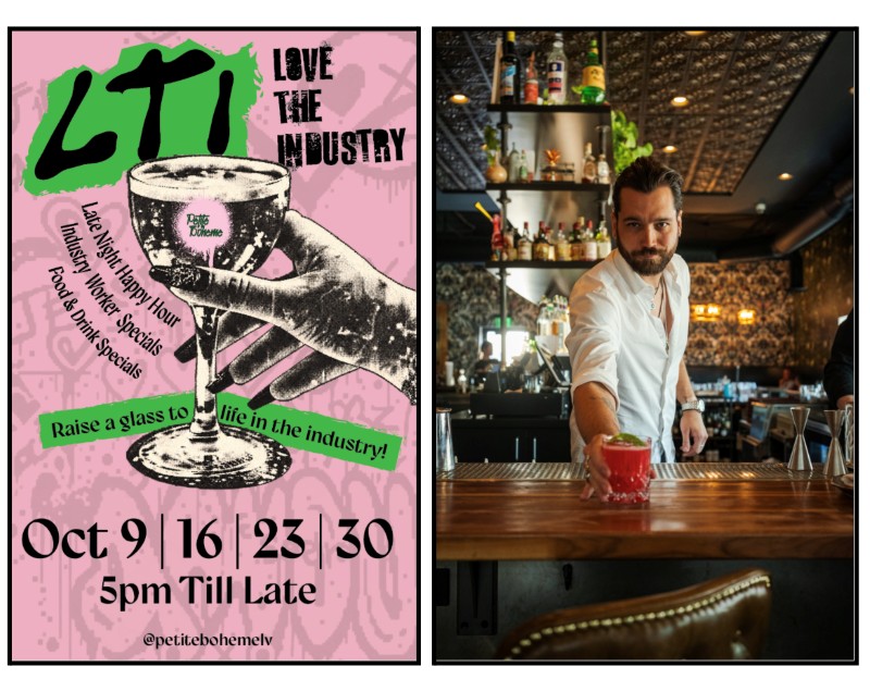Love the Industry promo for Petite Boheme next to a bartender passing a red rocks cocktail across a wood bar (brand promo)