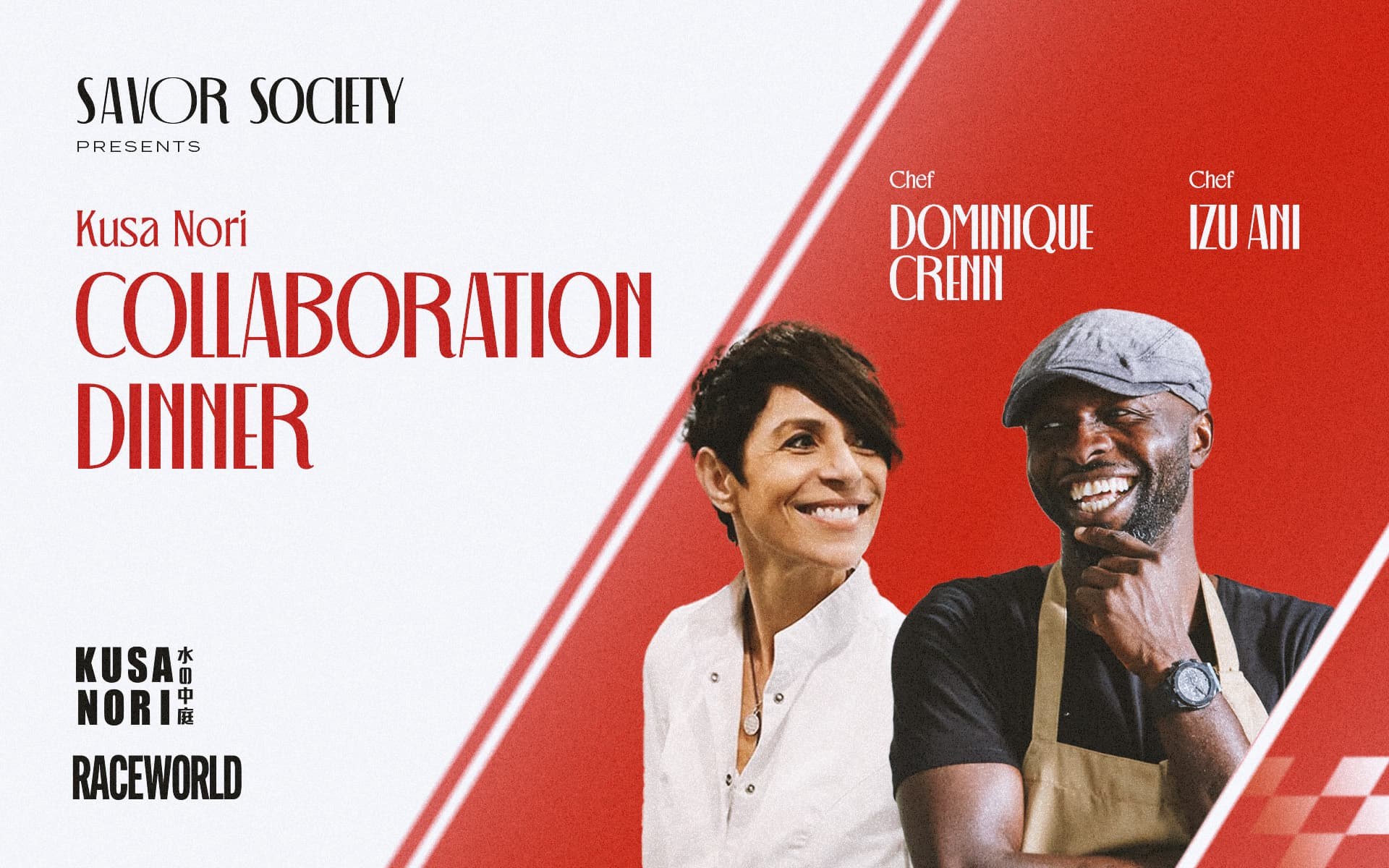 Savor Society graphic for the Kusa Nori collaboration dinner with chefs Dominique Crenn and Izu Ani (Resorts World event graphic)