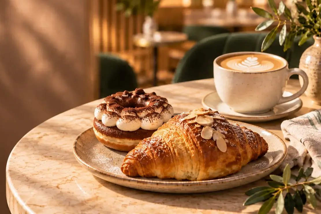 A cream-topped chocolate doughnut, an almond croissant and a latte on a marble café table (image from Picassa's coming-soon page)
