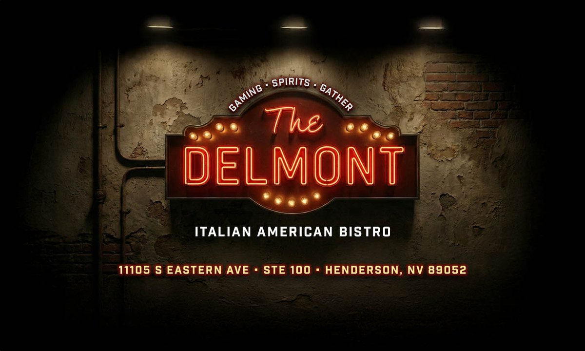 A red neon The Delmont sign on a brick wall with the Eastern Avenue address underneath (image from the restaurant's coming-soon page)