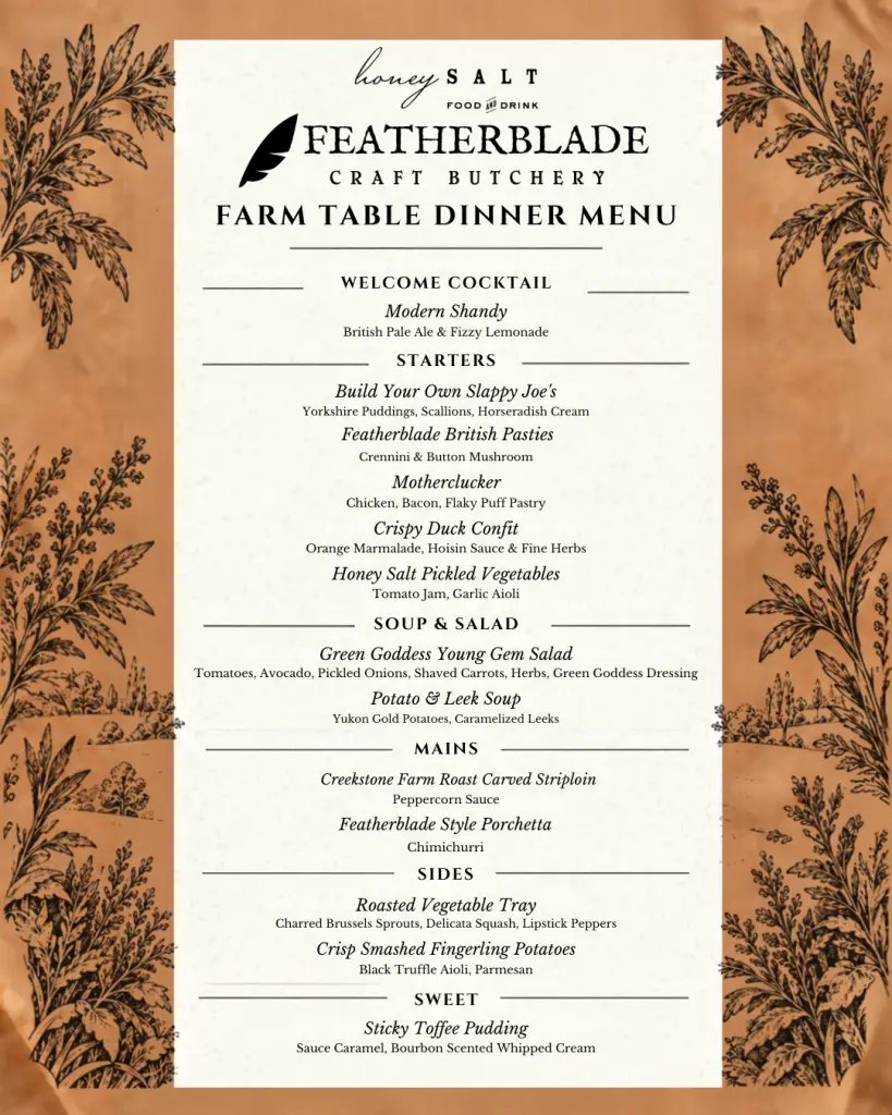 Honey Salt and Featherblade Craft Butchery Farm Table Dinner menu card