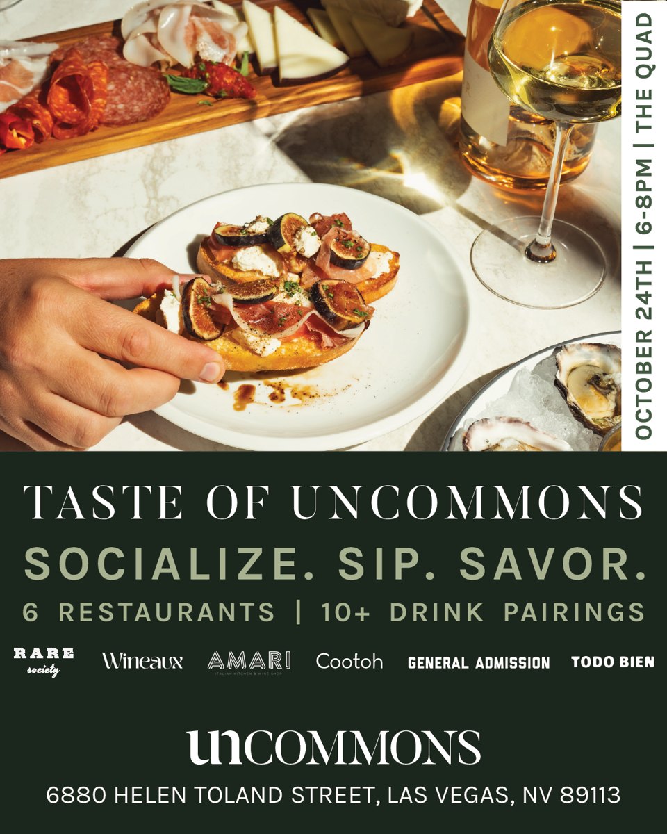 Taste of UnCommons flyer with fig and prosciutto toast, charcuterie, oysters and white wine above the six restaurant logos