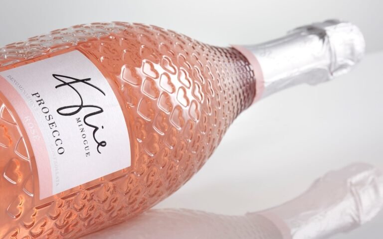 A close-up of a pink bottle of Kylie Minogue Prosecco Rosé (Hard Rock Cafe photo)