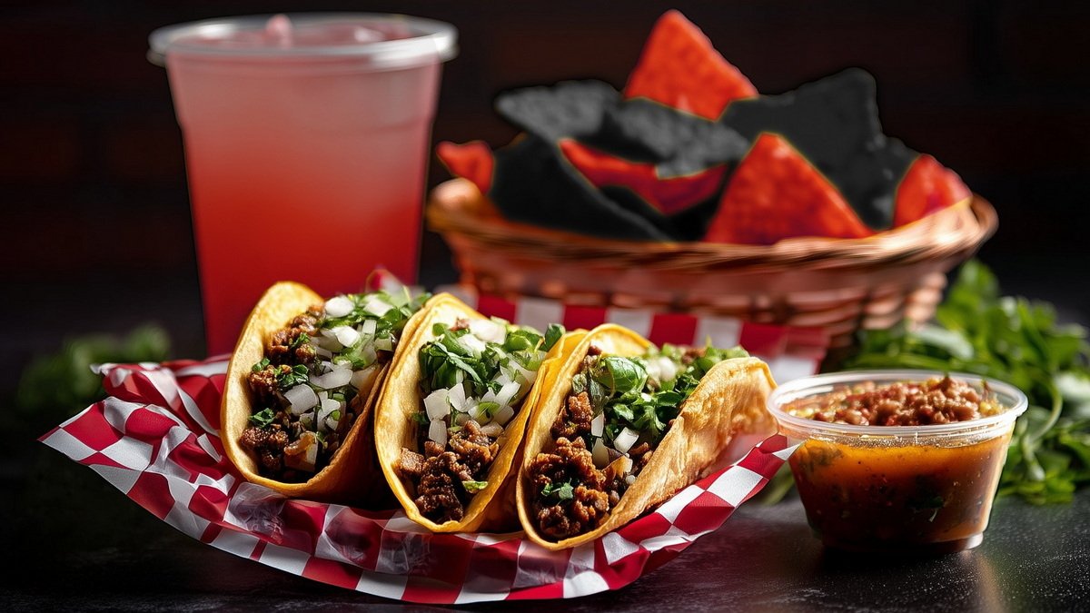 Three street tacos topped with onion and cilantro on checkered paper, with chips and a pink agua fresca (Travelivery photo)