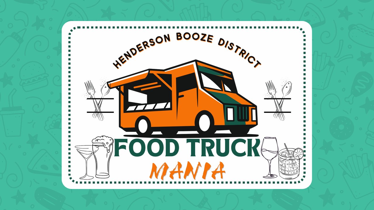 Illustrated orange food truck with the words Henderson Booze District Food Truck Mania (CraftHaus Brewery graphic)