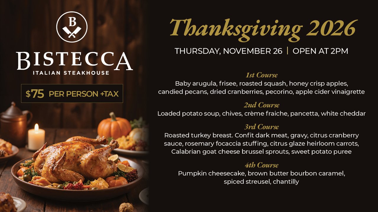 Bistecca's Thanksgiving 2026 menu card with a roast turkey platter, pumpkins and the $75 four-course menu (Tuscany Suites & Casino graphic)
